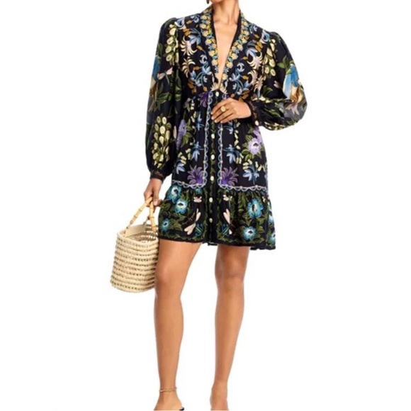 NEW FARM Rio Black Winter Garden Mini Dress Floral Birds Dragonfly Size M - Picture 5 of 7